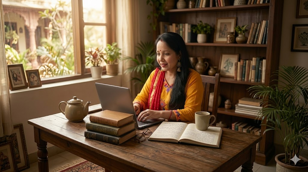 लकड़ी की मेज पर खुली किताब और लैपटॉप के साथ किताबों और डिजिटल युग के भावनात्मक संबंध को दर्शाता दृश्य।