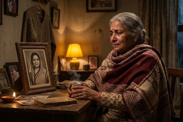 रात में माँ की तस्वीर के पास बैठा भावुक व्यक्ति, यादों में खोया हुआ शांत और उदास दृश्य।