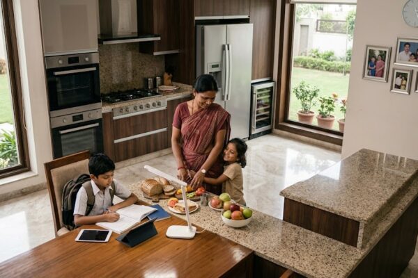 अपने बच्चों को स्नेह और सुरक्षा देती भारतीय माँ का भावुक और प्रेरणादायक पारिवारिक दृश्य।