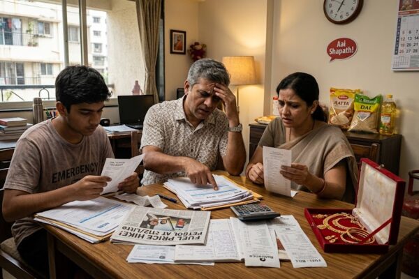 महंगाई और आर्थिक संघर्ष से जूझते भारतीय मध्यमवर्ग को दर्शाती व्यंग्य कविता की यथार्थवादी छवि।