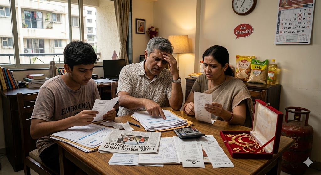 महंगाई और आर्थिक संघर्ष से जूझते भारतीय मध्यमवर्ग को दर्शाती व्यंग्य कविता की यथार्थवादी छवि।