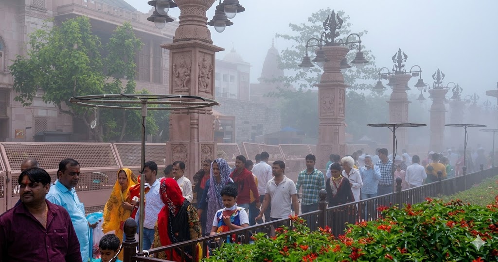 महाकाल लोक में फोगिंग सिस्टम के बीच चलते श्रद्धालु, गर्मी में ठंडी फुहारों का आनंद लेते हुए