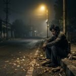 “रात की खामोशी में अकेला बैठा व्यक्ति, तन्हाई और टूटे ख्वाबों का प्रतीक”