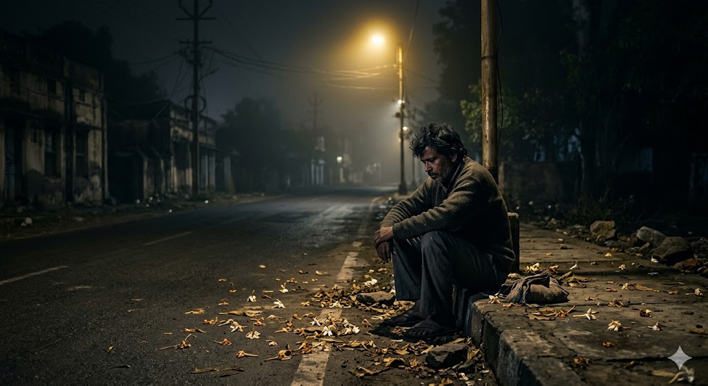 “रात की खामोशी में अकेला बैठा व्यक्ति, तन्हाई और टूटे ख्वाबों का प्रतीक”