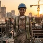 सूर्योदय के समय निर्माण स्थल पर खड़ा एक भारतीय श्रमिक, चेहरे पर थकान और गर्व के भाव, मेहनत और संघर्ष का प्रेरक दृश्य।