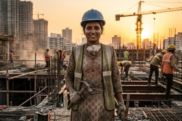 सूर्योदय के समय निर्माण स्थल पर खड़ा एक भारतीय श्रमिक, चेहरे पर थकान और गर्व के भाव, मेहनत और संघर्ष का प्रेरक दृश्य।