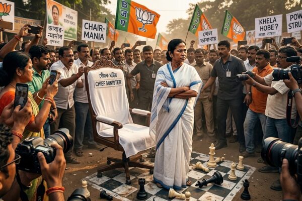 पश्चिम बंगाल की राजनीतिक पृष्ठभूमि में मुख्यमंत्री की कुर्सी के पास दृढ़ मुद्रा में खड़ी एक प्रभावशाली महिला नेता, चारों ओर मीडिया कैमरे, राजनीतिक झंडे और चुनावी माहौल दिखाई देता हुआ व्यंग्यात्मक दृश्य।