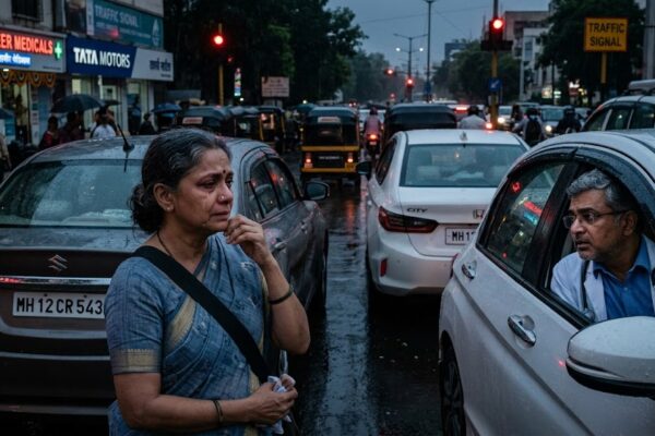ट्रैफिक सिग्नल पर कार में बैठी उदास मृणालिनी और पास की कार में उसे देखते डॉक्टर मृगांक का भावनात्मक दृश्य।