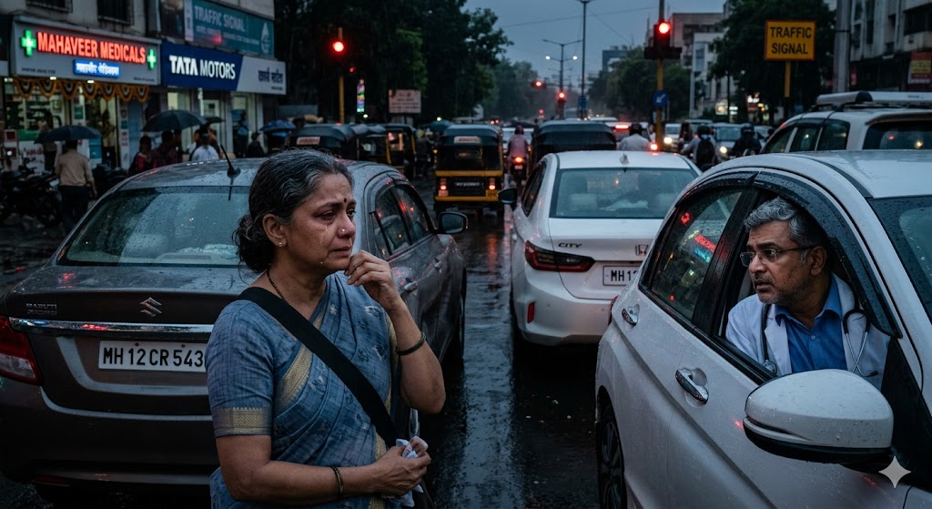 ट्रैफिक सिग्नल पर कार में बैठी उदास मृणालिनी और पास की कार में उसे देखते डॉक्टर मृगांक का भावनात्मक दृश्य।