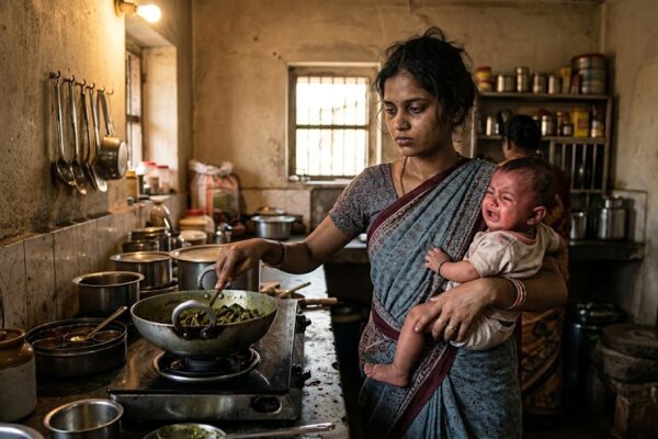 खिड़की के पास शांत बैठी एक भारतीय महिला, चेहरे पर हल्की उदासी, पीछे धुंधला पारिवारिक माहौल और जिम्मेदारियों का प्रतीक दृश्य।