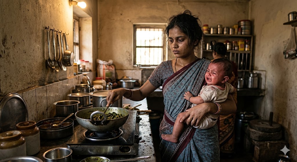 खिड़की के पास शांत बैठी एक भारतीय महिला, चेहरे पर हल्की उदासी, पीछे धुंधला पारिवारिक माहौल और जिम्मेदारियों का प्रतीक दृश्य।