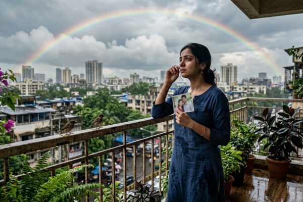 बारिश के बाद बालकनी में खड़ी एक भावुक महिला आसमान में इंद्रधनुष देख रही है, यादों और अधूरे प्रेम का संवेदनशील दृश्य।
