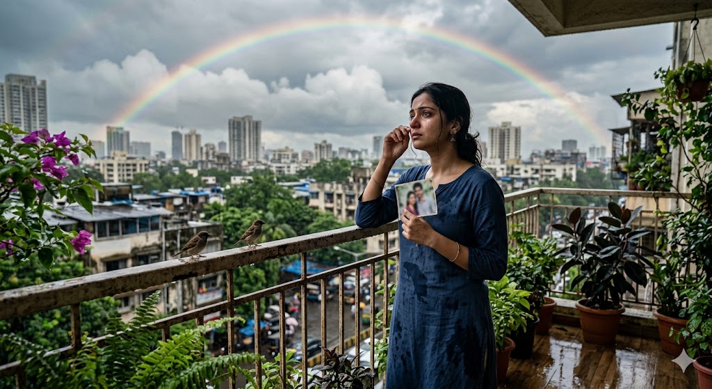 बारिश के बाद बालकनी में खड़ी एक भावुक महिला आसमान में इंद्रधनुष देख रही है, यादों और अधूरे प्रेम का संवेदनशील दृश्य।
