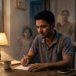 रात के शांत वातावरण में एक युवक अपनी मां के नाम भावुक पत्र लिखता हुआ दिखाई दे रहा है, पास में हल्की पीली रोशनी वाला लैम्प, पीछे धुंधली यादों में मां और बहन की छवियां उभरती हुईं, जो पारिवारिक संवेदनाओं और समान परवरिश के भाव को दर्शाती हैं।