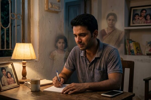 रात के शांत वातावरण में एक युवक अपनी मां के नाम भावुक पत्र लिखता हुआ दिखाई दे रहा है, पास में हल्की पीली रोशनी वाला लैम्प, पीछे धुंधली यादों में मां और बहन की छवियां उभरती हुईं, जो पारिवारिक संवेदनाओं और समान परवरिश के भाव को दर्शाती हैं।