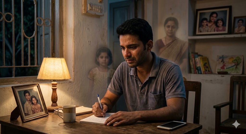 रात के शांत वातावरण में एक युवक अपनी मां के नाम भावुक पत्र लिखता हुआ दिखाई दे रहा है, पास में हल्की पीली रोशनी वाला लैम्प, पीछे धुंधली यादों में मां और बहन की छवियां उभरती हुईं, जो पारिवारिक संवेदनाओं और समान परवरिश के भाव को दर्शाती हैं।