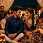 सजी हुई महफ़िल में पहली मुलाकात के दौरान शर्माते हुए एक युवा जोड़े की रोमांटिक नज़रें और भावनात्मक पल।