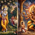 एक दिव्य दृश्य में एक ओर बाँसुरी बजाते भगवान कृष्ण और दूसरी ओर खंभे से प्रकट होते भगवान नृसिंह, प्रेम और शक्ति के दो रूप दर्शाते हुए।