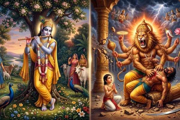 एक दिव्य दृश्य में एक ओर बाँसुरी बजाते भगवान कृष्ण और दूसरी ओर खंभे से प्रकट होते भगवान नृसिंह, प्रेम और शक्ति के दो रूप दर्शाते हुए।