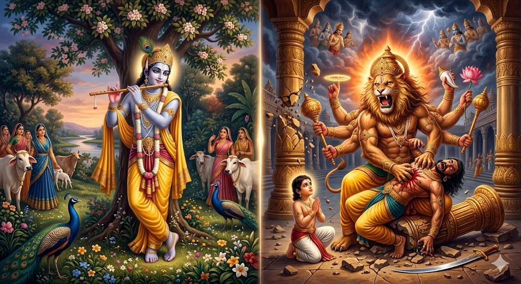 एक दिव्य दृश्य में एक ओर बाँसुरी बजाते भगवान कृष्ण और दूसरी ओर खंभे से प्रकट होते भगवान नृसिंह, प्रेम और शक्ति के दो रूप दर्शाते हुए।