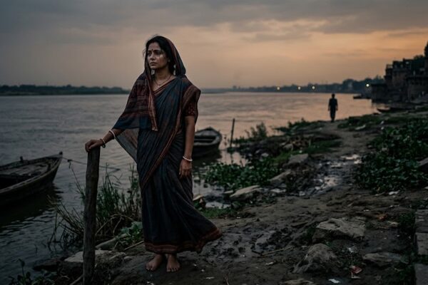 विरह में डूबी एक स्त्री, दूर जाती परछाईं को निहारती हुई, आँखों में प्रेम और प्रतीक्षा का गहरा भाव।