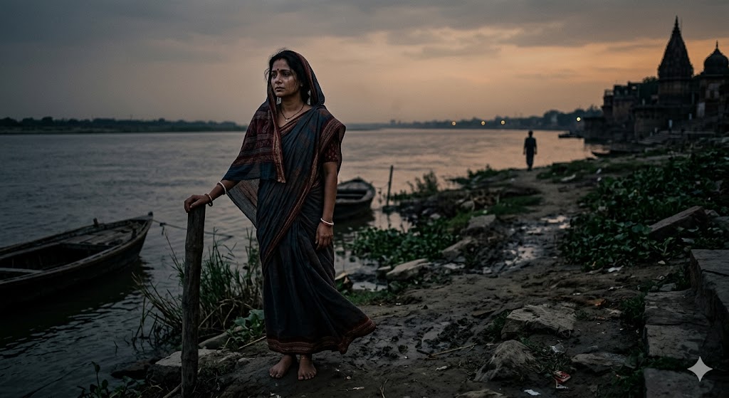 विरह में डूबी एक स्त्री, दूर जाती परछाईं को निहारती हुई, आँखों में प्रेम और प्रतीक्षा का गहरा भाव।
