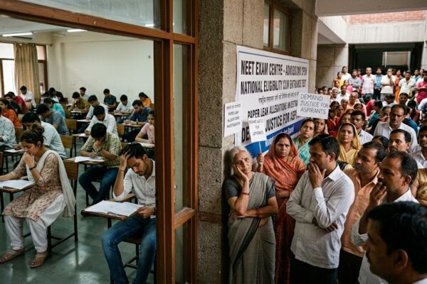 परीक्षा हॉल में चिंतित छात्र, NEET पेपर लीक विवाद और शिक्षा व्यवस्था पर सवाल उठाता दृश्य।
