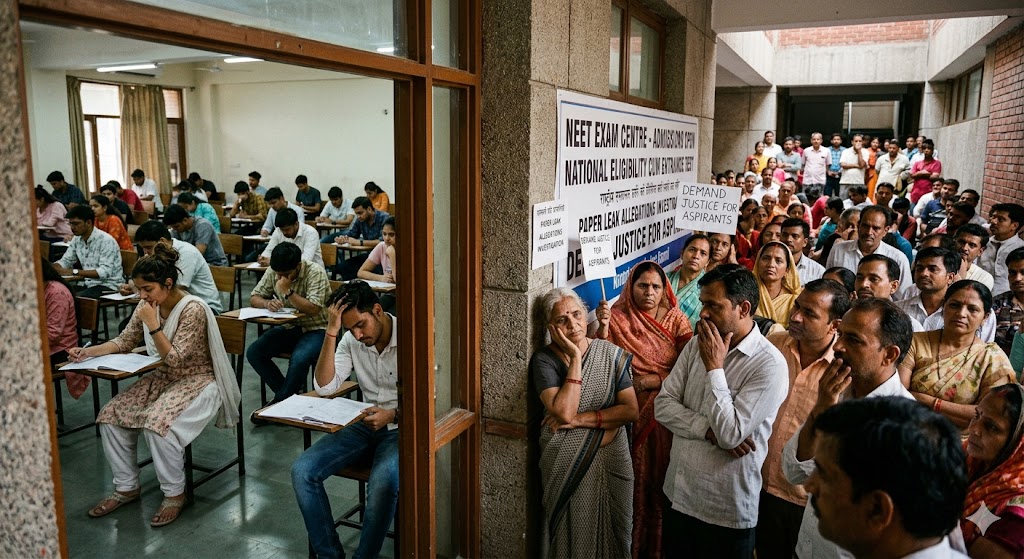 परीक्षा हॉल में चिंतित छात्र, NEET पेपर लीक विवाद और शिक्षा व्यवस्था पर सवाल उठाता दृश्य।