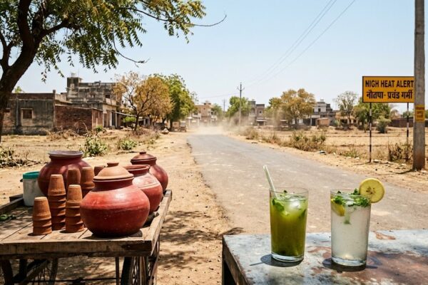 नौतपा की तपती दोपहर में धूप से झुलसी सड़क, गर्म हवाएं और गर्मी से बचाव के पारंपरिक पेय दर्शाता दृश्य