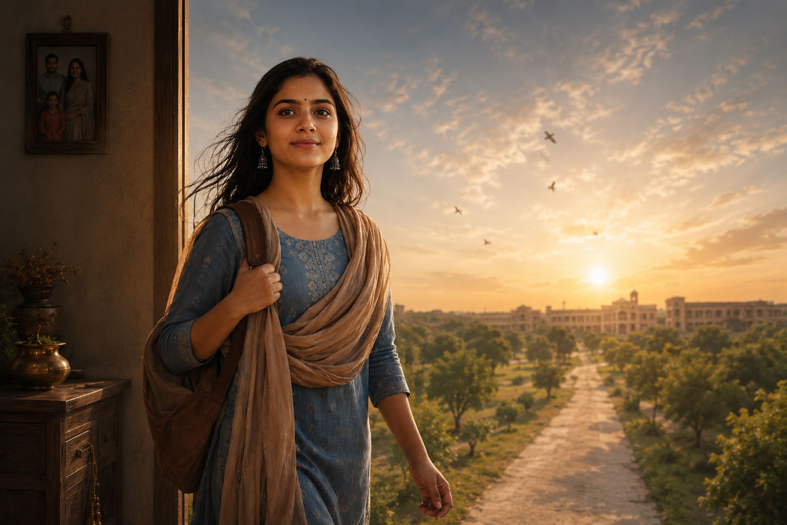 एक भारतीय बेटी आत्मविश्वास के साथ खड़ी है, जो “पराया धन” जैसी सामाजिक सोच से परे स्वतंत्र पहचान और आत्मसम्मान का प्रतीक है।