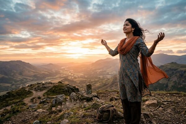 सूर्योदय के समय पहाड़ी पर खड़ी एक भारतीय युवती आसमान की ओर देखते हुए, चेहरे पर उम्मीद और आत्मविश्वास का भाव।