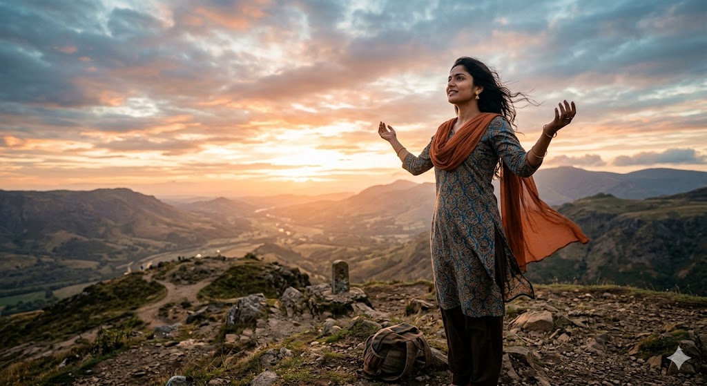 सूर्योदय के समय पहाड़ी पर खड़ी एक भारतीय युवती आसमान की ओर देखते हुए, चेहरे पर उम्मीद और आत्मविश्वास का भाव।