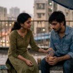 बारिश भरी शाम में शांत भाव से अपने दोस्त को समझाती और मुस्कुराकर देखती एक संवेदनशील भारतीय युवती।