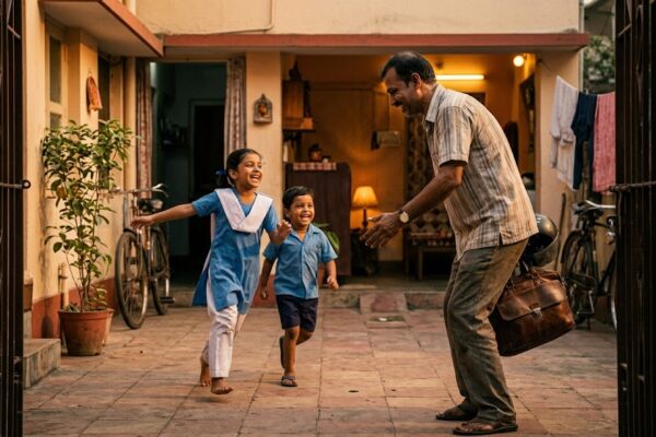 काम से लौटे पिता का अपने बच्चों के साथ भावनात्मक और स्नेहपूर्ण दृश्य