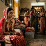 नए घर में अकेली बैठी एक भारतीय नवविवाहिता, चेहरे पर चिंता और भावनात्मक संघर्ष का भाव, घरेलू परिवेश की पृष्ठभूमि।