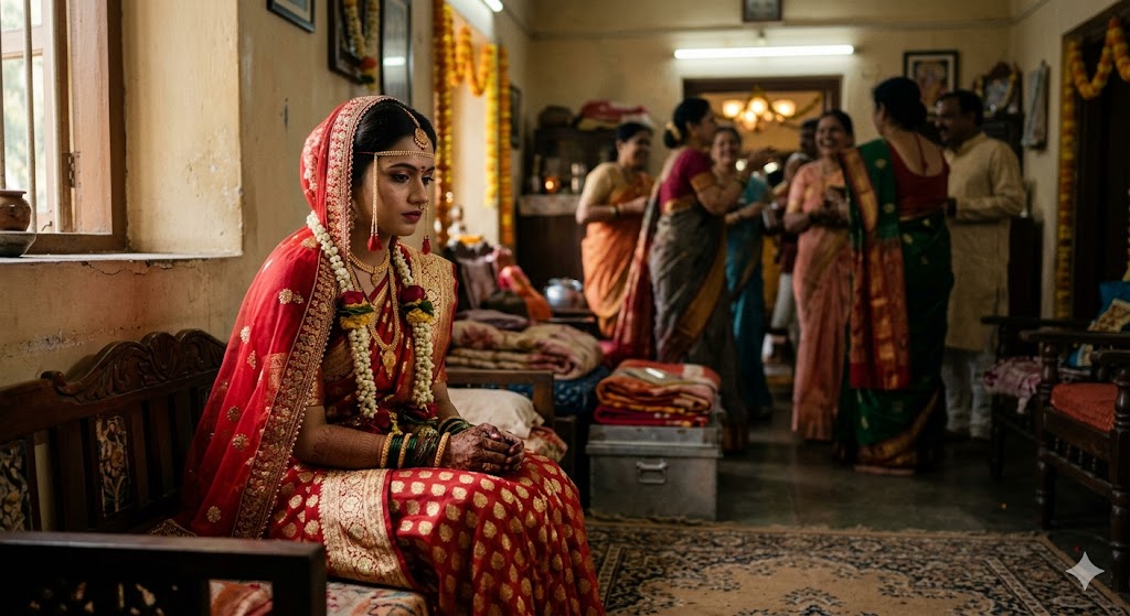 नए घर में अकेली बैठी एक भारतीय नवविवाहिता, चेहरे पर चिंता और भावनात्मक संघर्ष का भाव, घरेलू परिवेश की पृष्ठभूमि।