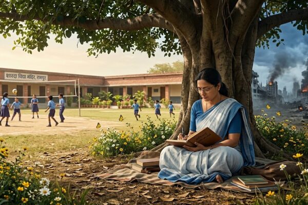 पेड़ की छांव में बैठी महिला स्कूल परिसर में लिख रही है, आसपास खेलते बच्चे और तितलियां हैं, जबकि पृष्ठभूमि में युद्धग्रस्त शहर की धुंधली छवि दिखाई दे रही है।