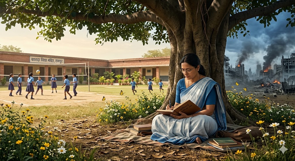पेड़ की छांव में बैठी महिला स्कूल परिसर में लिख रही है, आसपास खेलते बच्चे और तितलियां हैं, जबकि पृष्ठभूमि में युद्धग्रस्त शहर की धुंधली छवि दिखाई दे रही है।
