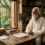 रवींद्रनाथ ठाकुर शांतिनिकेतन के शांत वातावरण में पारंपरिक सफेद वेशभूषा में बैठे हुए, सामने खुली पुस्तकें और पांडुलिपियाँ, गंभीर एवं चिंतनशील मुद्रा में भारतीय साहित्य और दर्शन की गरिमा को दर्शाते हुए।