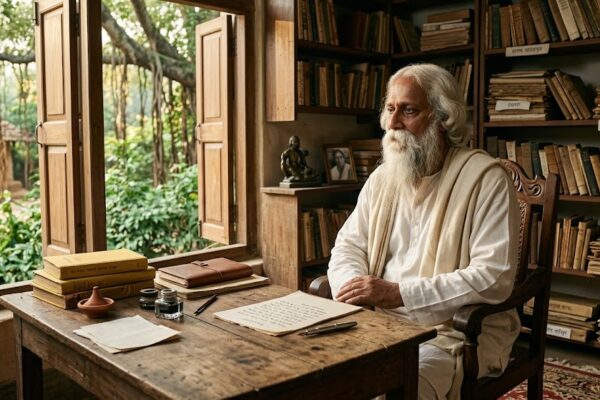 रवींद्रनाथ ठाकुर शांतिनिकेतन के शांत वातावरण में पारंपरिक सफेद वेशभूषा में बैठे हुए, सामने खुली पुस्तकें और पांडुलिपियाँ, गंभीर एवं चिंतनशील मुद्रा में भारतीय साहित्य और दर्शन की गरिमा को दर्शाते हुए।
