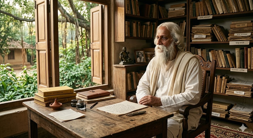 रवींद्रनाथ ठाकुर शांतिनिकेतन के शांत वातावरण में पारंपरिक सफेद वेशभूषा में बैठे हुए, सामने खुली पुस्तकें और पांडुलिपियाँ, गंभीर एवं चिंतनशील मुद्रा में भारतीय साहित्य और दर्शन की गरिमा को दर्शाते हुए।