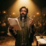 मंच पर ग़ज़ल पढ़ता एक शायर, पीछे चमकते सितारे और गंभीर साहित्यिक माहौल का दृश्य।