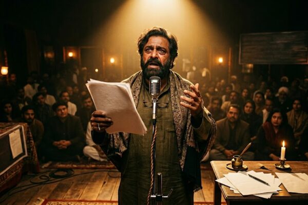 मंच पर ग़ज़ल पढ़ता एक शायर, पीछे चमकते सितारे और गंभीर साहित्यिक माहौल का दृश्य।