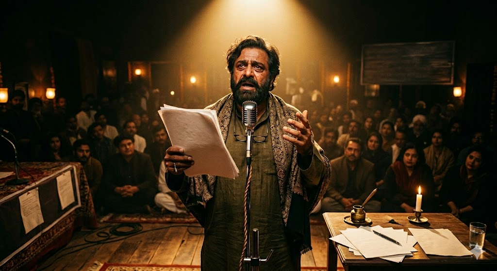 मंच पर ग़ज़ल पढ़ता एक शायर, पीछे चमकते सितारे और गंभीर साहित्यिक माहौल का दृश्य।
