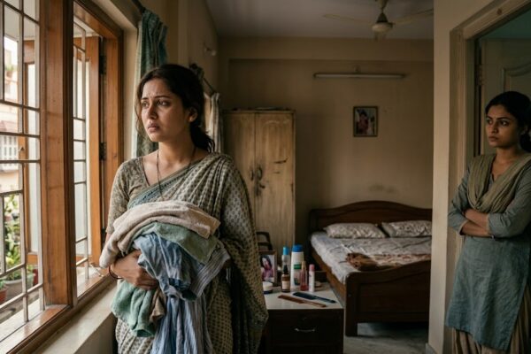 दो भारतीय महिलाओं के बीच अविश्वास और भावनात्मक दूरी को दर्शाता यथार्थवादी दृश्य, टूटा भरोसा और रिश्तों की खामोशी।