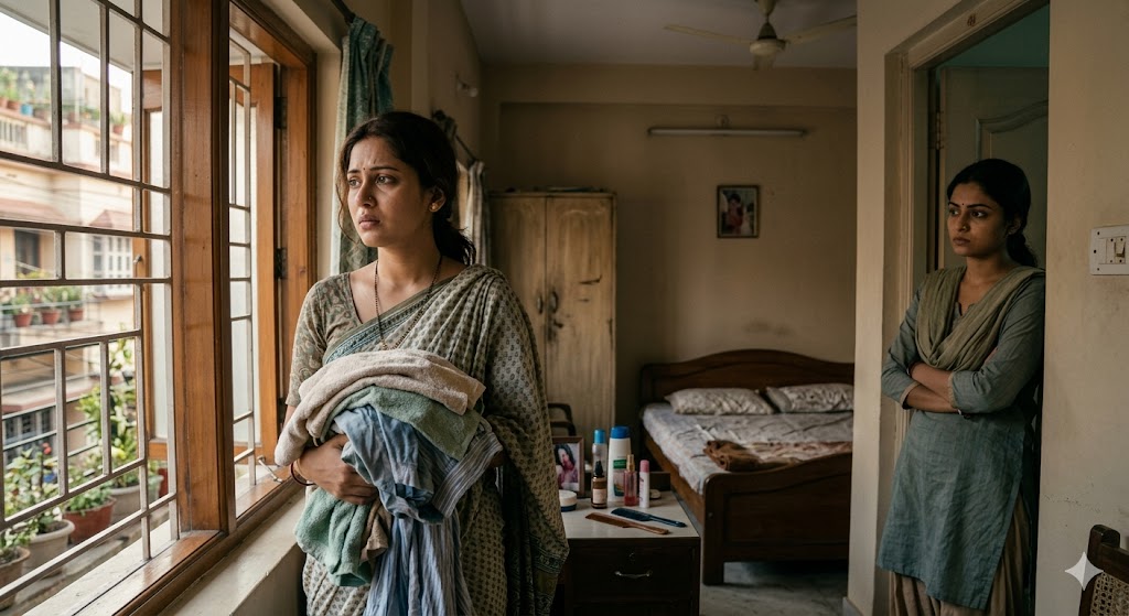दो भारतीय महिलाओं के बीच अविश्वास और भावनात्मक दूरी को दर्शाता यथार्थवादी दृश्य, टूटा भरोसा और रिश्तों की खामोशी।
