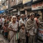 भारत में रोटी के लिए लाइन में खड़े अमीर और गरीब लोग, भूख और जीवन संघर्ष को दर्शाता भावुक यथार्थवादी दृश्य।