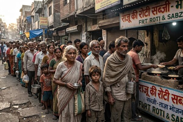 भारत में रोटी के लिए लाइन में खड़े अमीर और गरीब लोग, भूख और जीवन संघर्ष को दर्शाता भावुक यथार्थवादी दृश्य।