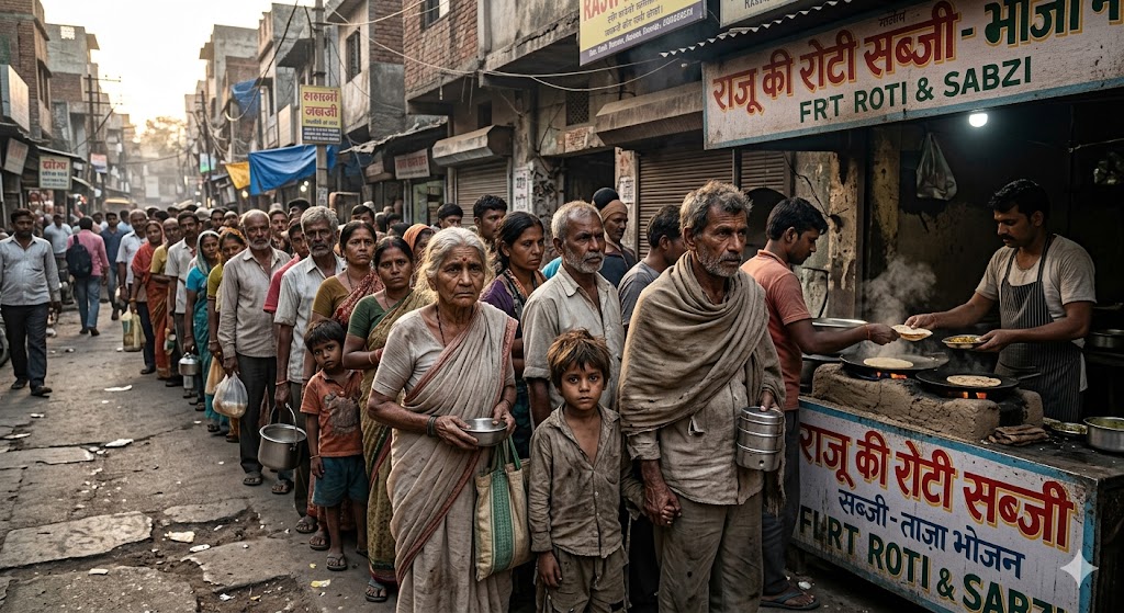 भारत में रोटी के लिए लाइन में खड़े अमीर और गरीब लोग, भूख और जीवन संघर्ष को दर्शाता भावुक यथार्थवादी दृश्य।