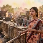 अपने बचपन के प्रेम और पुरानी यादों में खोई एक युवती, धूप भरे माहौल में पुराने घर की ओर भावुक नज़रों से देखते हुए।
